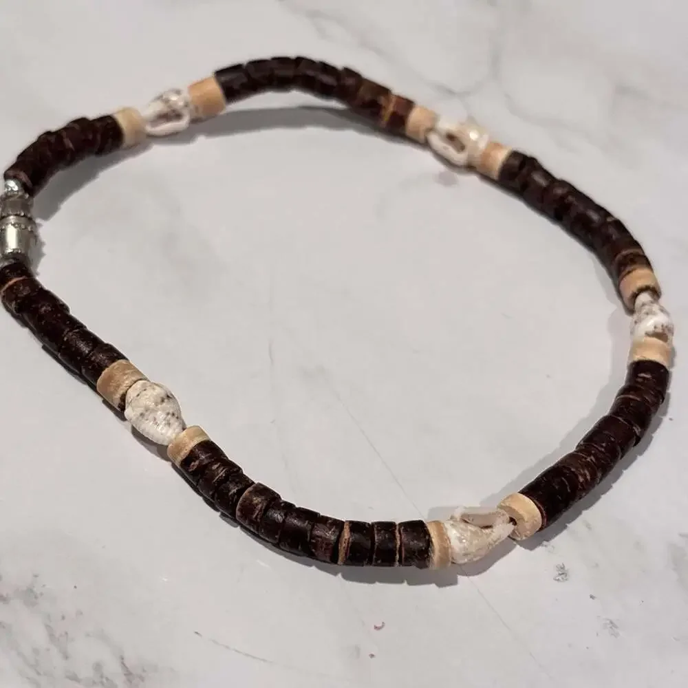 Unisex Surfer Style Brown Coconut Shell and Sea Shell Beaded Choker Necklace